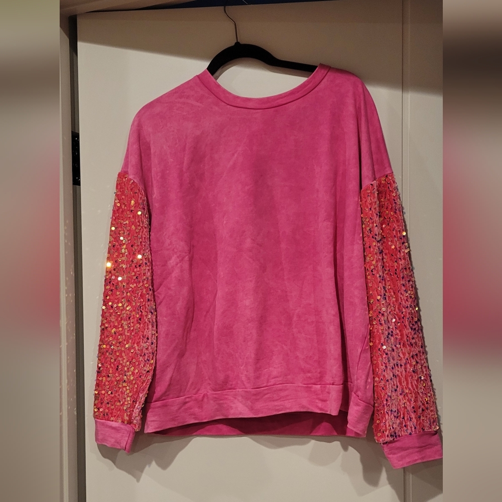 Pink Sweatshirt with Sequin Sleeves